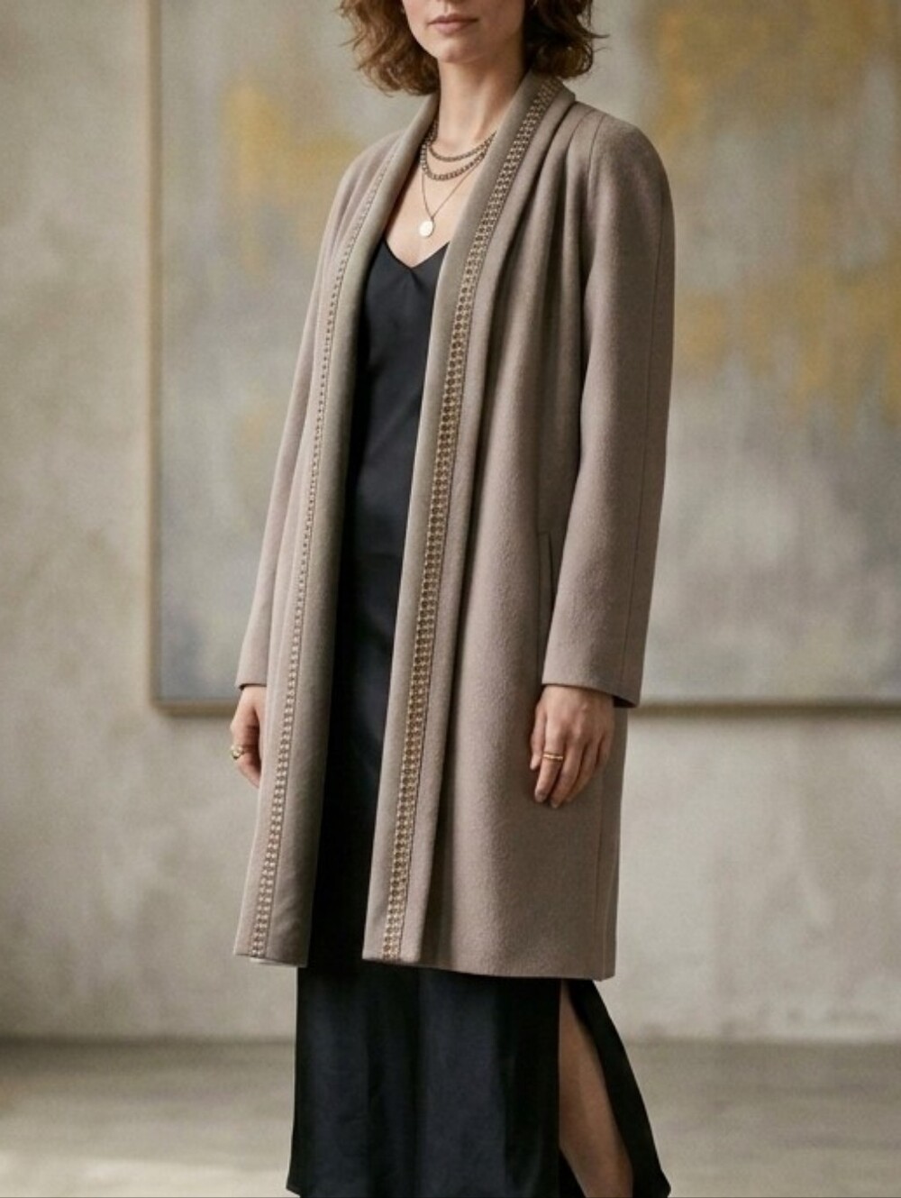 VTG 80s/90s Alorna Wool Open Front Swing Coat Taupe Mauve Oversized L/XL UNITE